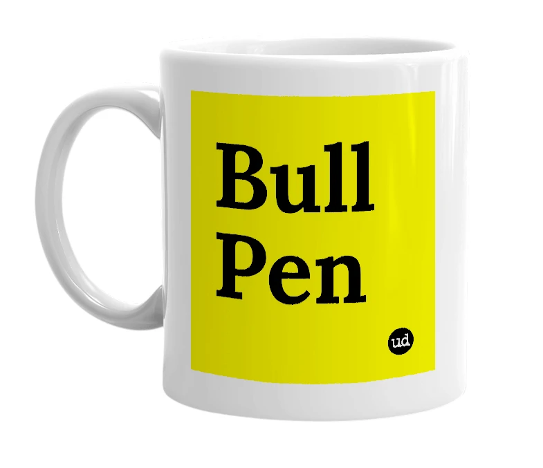 White mug with 'Bull Pen' in bold black letters