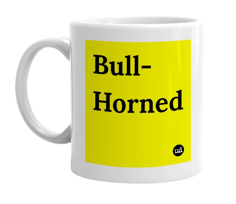 White mug with 'Bull- Horned' in bold black letters