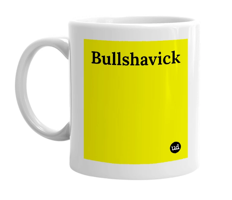 White mug with 'Bullshavick' in bold black letters