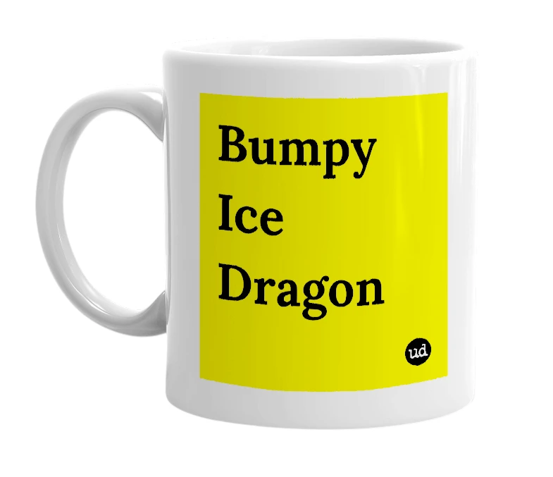 White mug with 'Bumpy Ice Dragon' in bold black letters