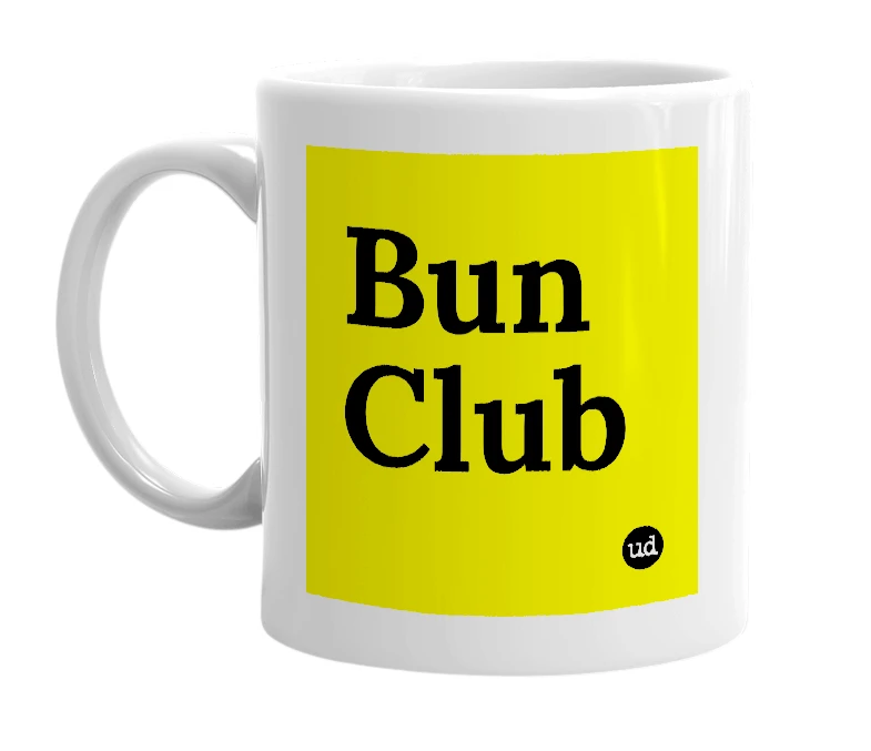 White mug with 'Bun Club' in bold black letters