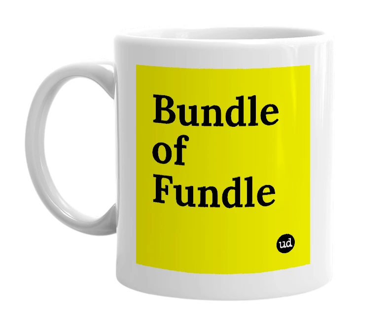 White mug with 'Bundle of Fundle' in bold black letters