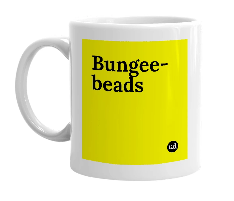 White mug with 'Bungee-beads' in bold black letters