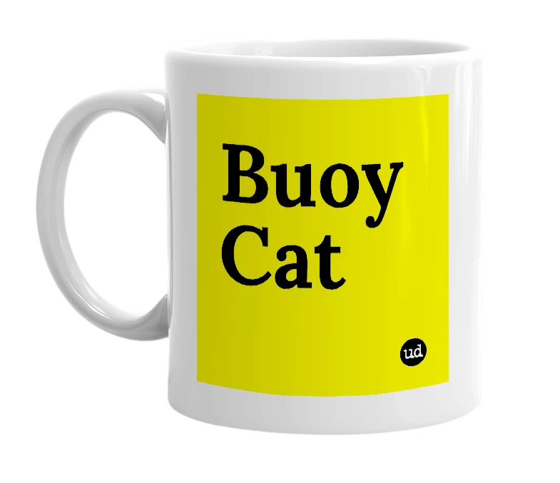 White mug with 'Buoy Cat' in bold black letters