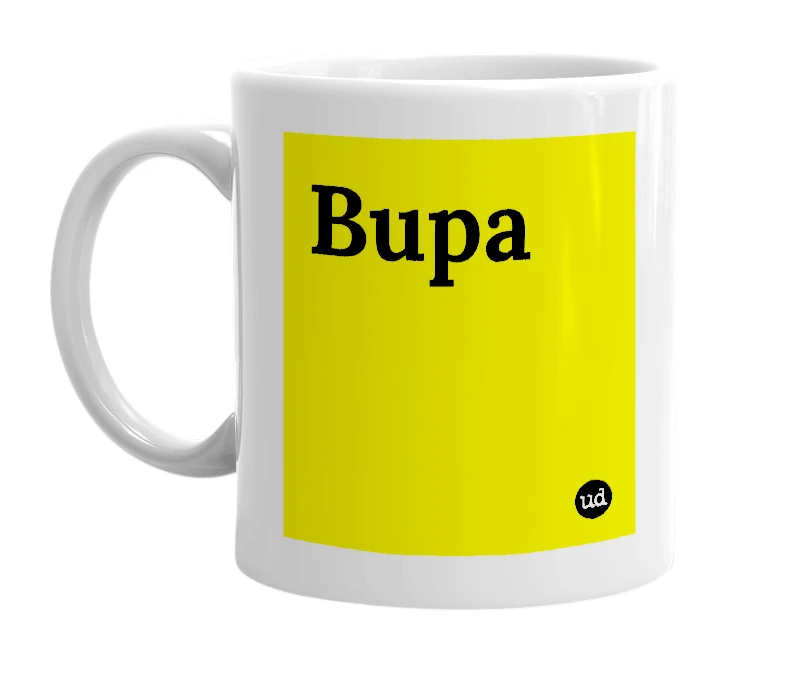White mug with 'Bupa' in bold black letters