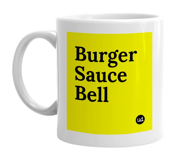 White mug with 'Burger Sauce Bell' in bold black letters