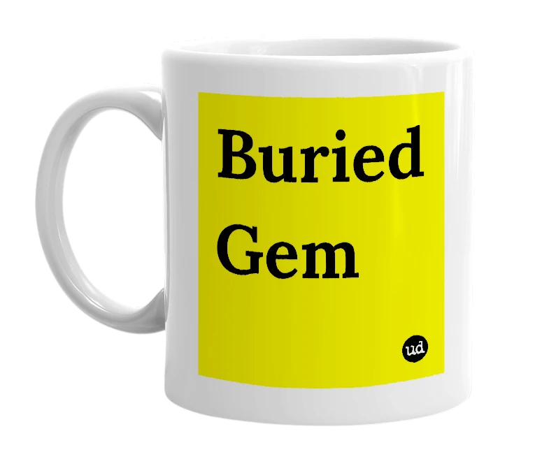 White mug with 'Buried Gem' in bold black letters