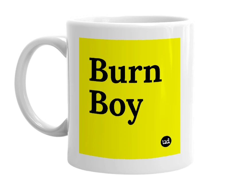 White mug with 'Burn Boy' in bold black letters