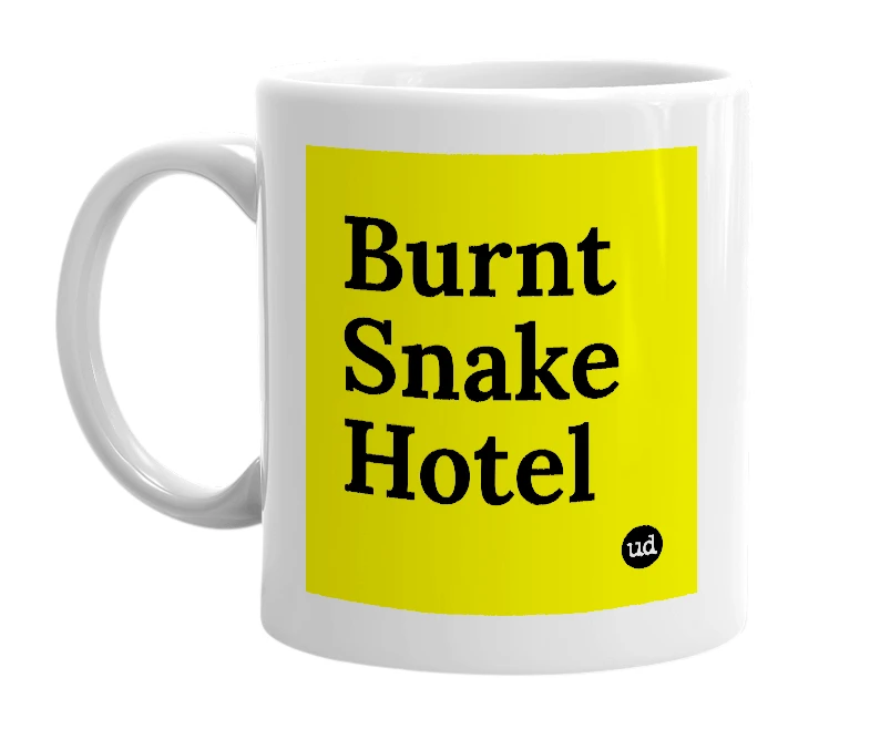 White mug with 'Burnt Snake Hotel' in bold black letters