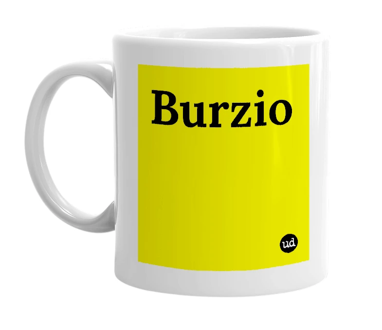 White mug with 'Burzio' in bold black letters