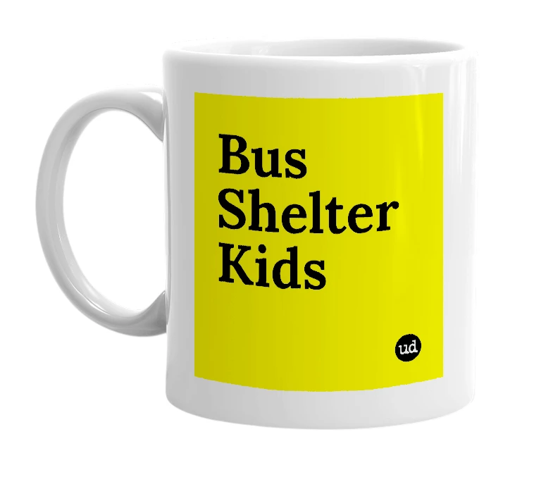 White mug with 'Bus Shelter Kids' in bold black letters