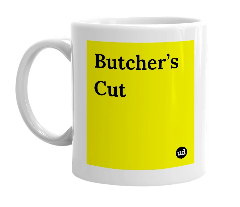 White mug with 'Butcher’s Cut' in bold black letters