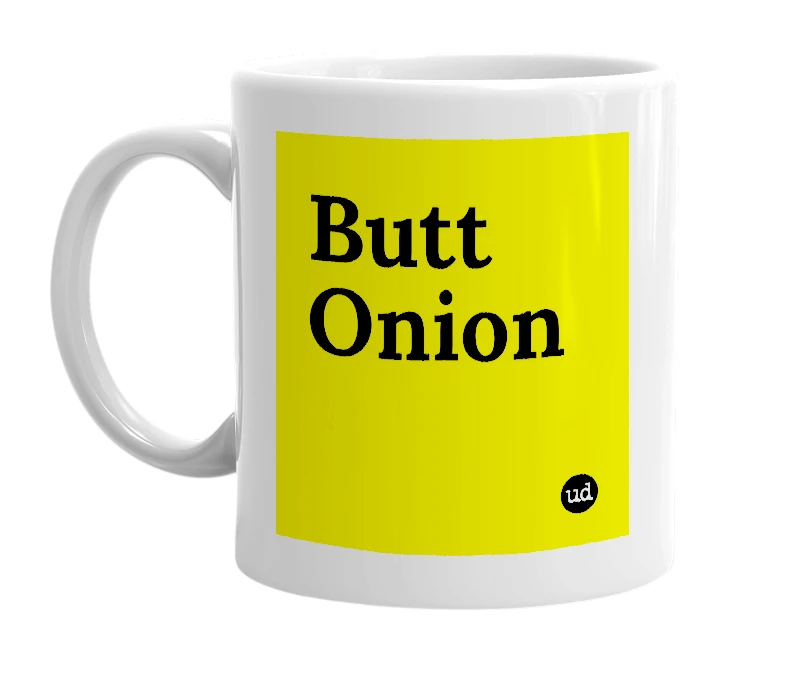 White mug with 'Butt Onion' in bold black letters