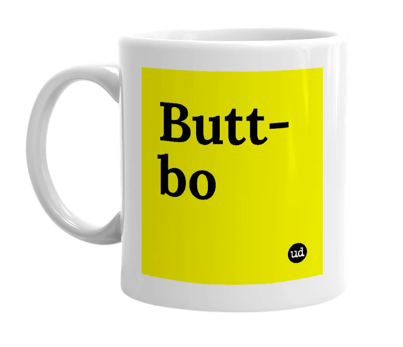White mug with 'Butt-bo' in bold black letters