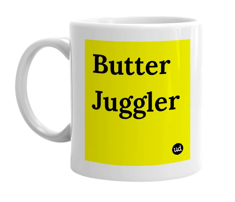 White mug with 'Butter Juggler' in bold black letters