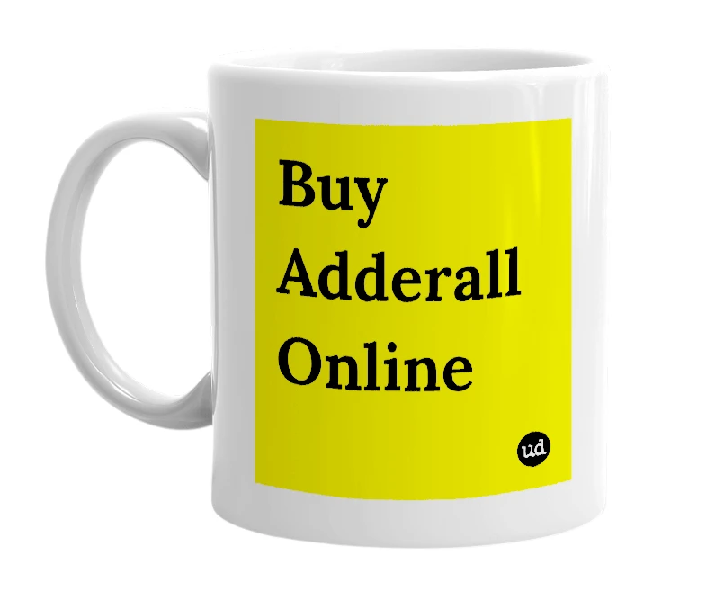 White mug with 'Buy Adderall Online' in bold black letters