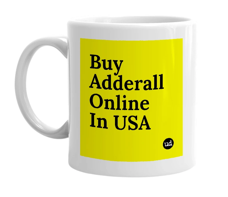 White mug with 'Buy Adderall Online In USA' in bold black letters