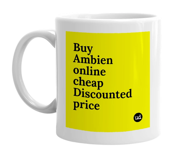 White mug with 'Buy Ambien online cheap Discounted price' in bold black letters