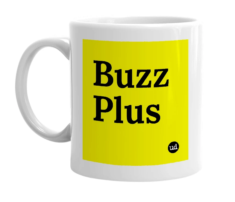 White mug with 'Buzz Plus' in bold black letters