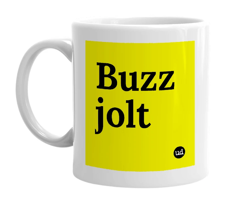 White mug with 'Buzz jolt' in bold black letters
