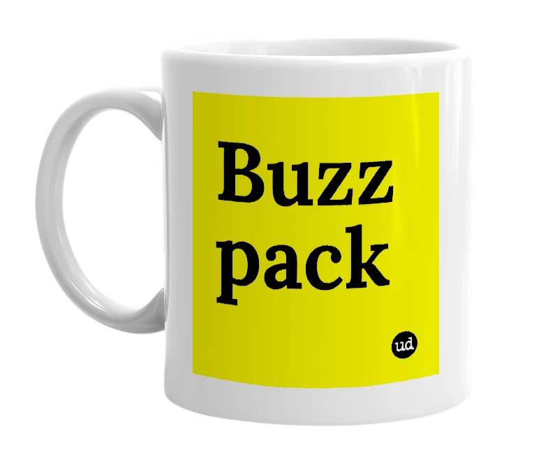 White mug with 'Buzz pack' in bold black letters