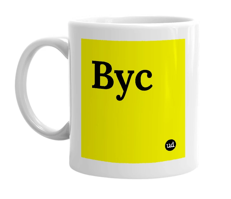 White mug with 'Byc' in bold black letters