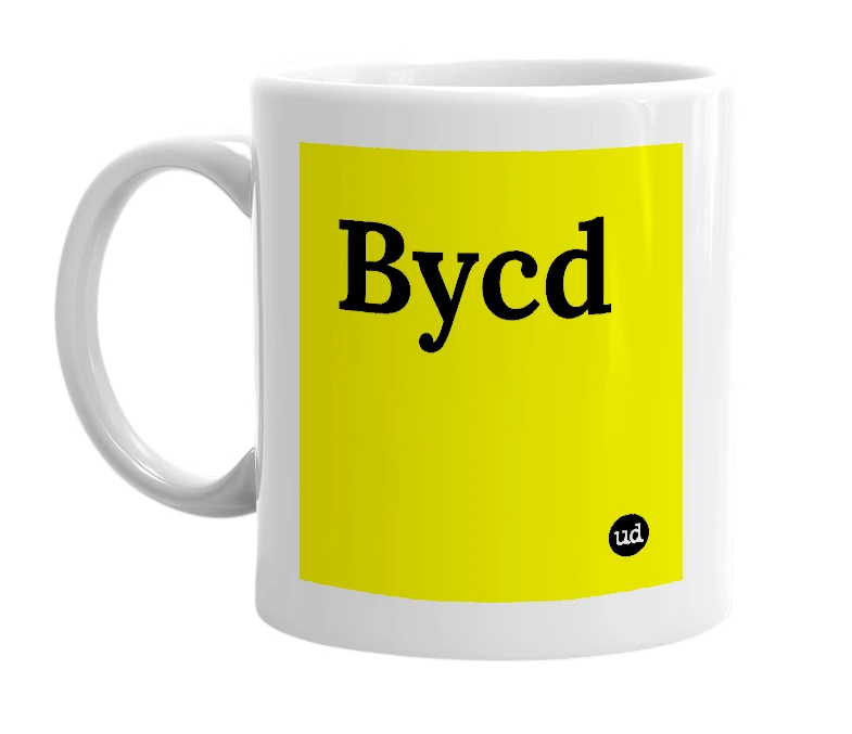 White mug with 'Bycd' in bold black letters