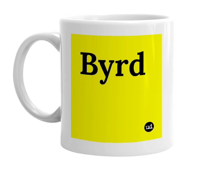 White mug with 'Byrd' in bold black letters