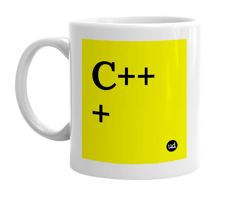 White mug with 'C+++' in bold black letters