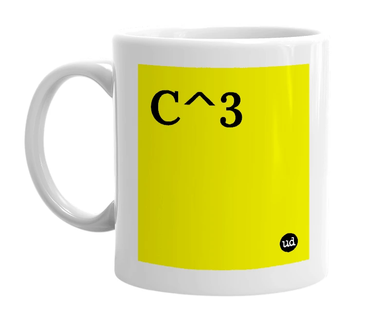 White mug with 'C^3' in bold black letters