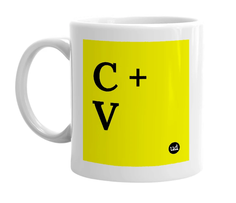 White mug with 'C + V' in bold black letters