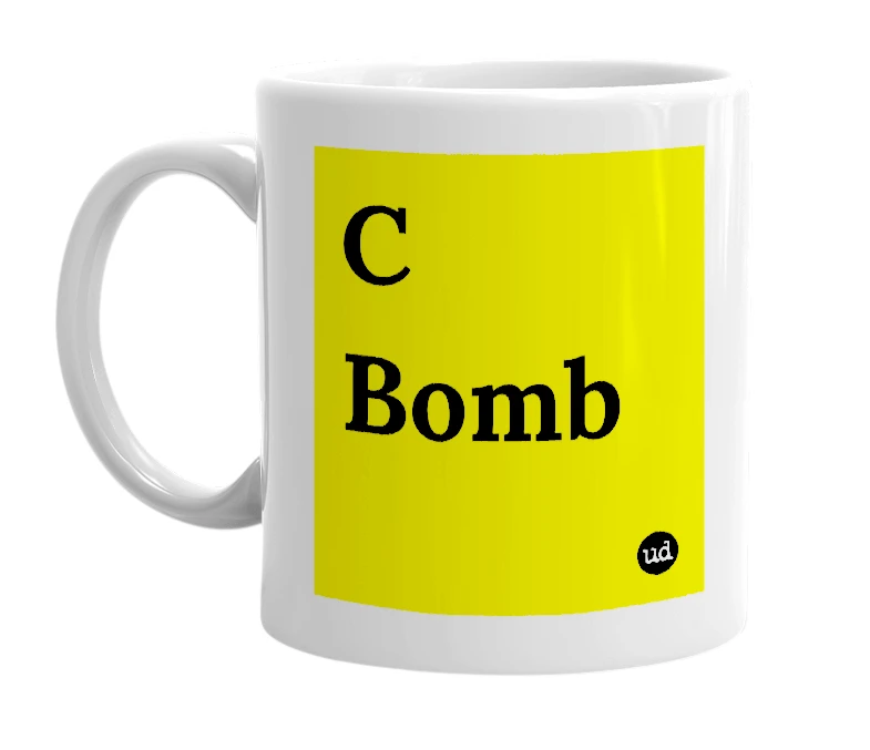 White mug with 'C Bomb' in bold black letters