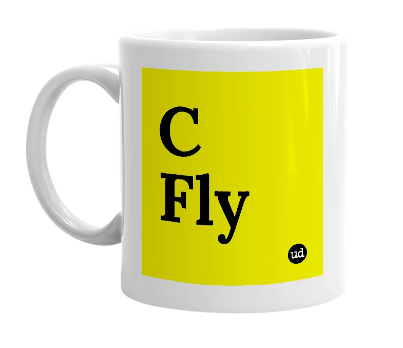 White mug with 'C Fly' in bold black letters
