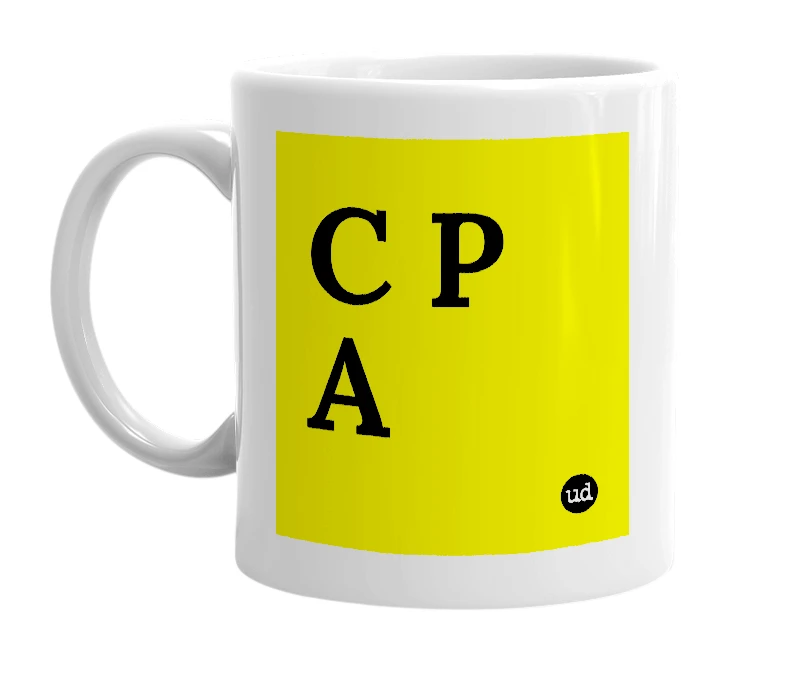 White mug with 'C P A' in bold black letters