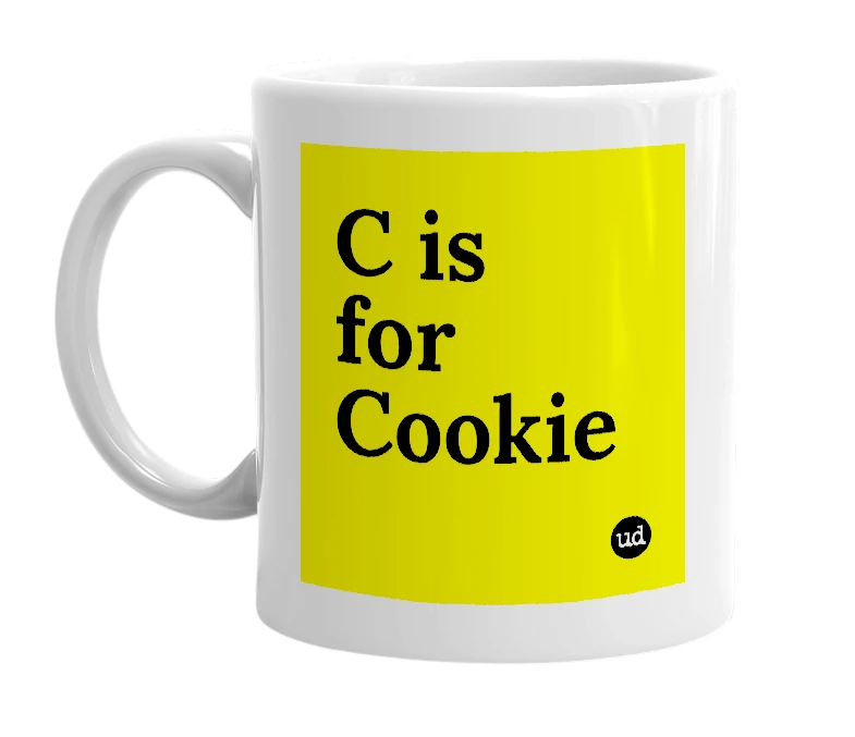 White mug with 'C is for Cookie' in bold black letters