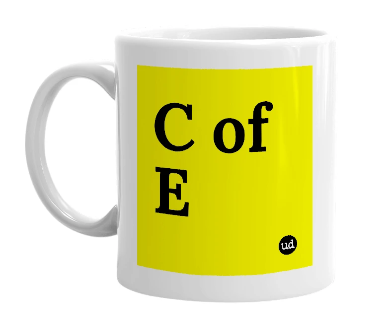 White mug with 'C of E' in bold black letters