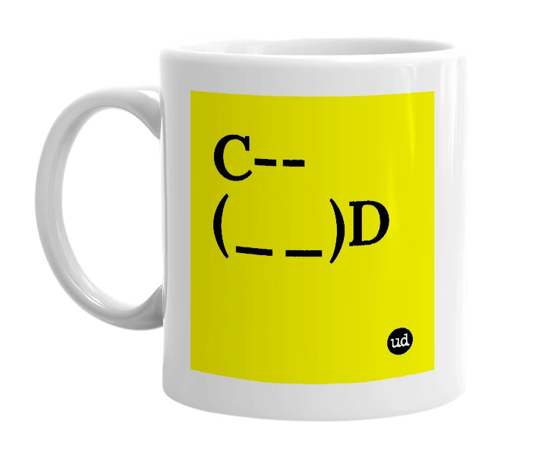 White mug with 'C--(__)D' in bold black letters