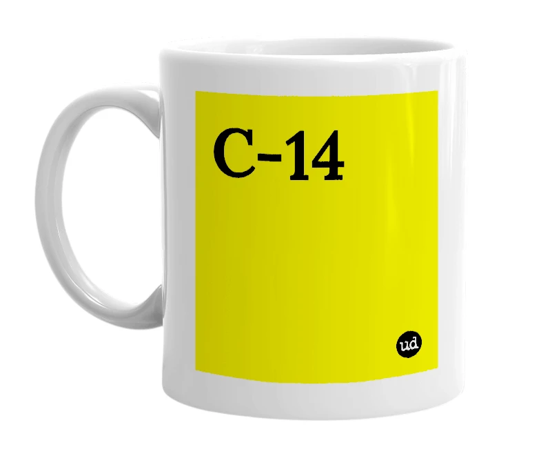 White mug with 'C-14' in bold black letters