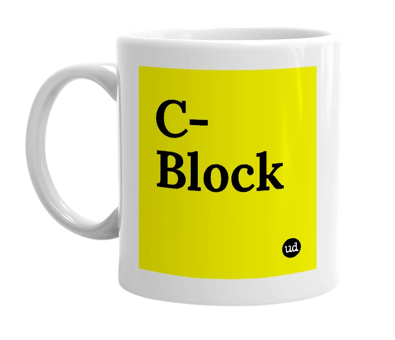 White mug with 'C-Block' in bold black letters
