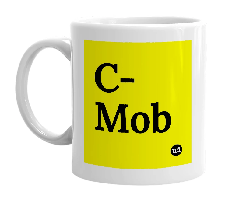 White mug with 'C-Mob' in bold black letters