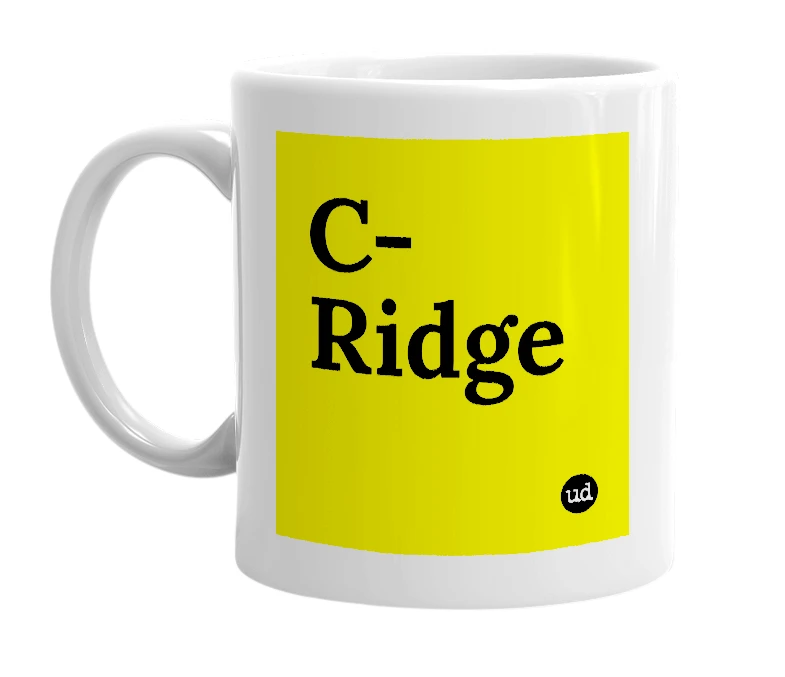 White mug with 'C-Ridge' in bold black letters