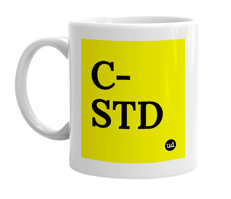 White mug with 'C-STD' in bold black letters