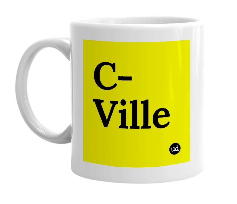 White mug with 'C-Ville' in bold black letters