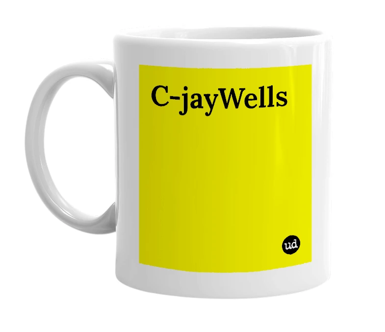 White mug with 'C-jayWells' in bold black letters