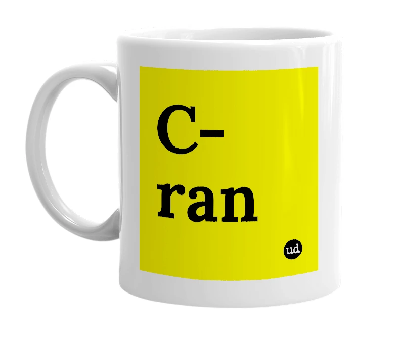 White mug with 'C-ran' in bold black letters