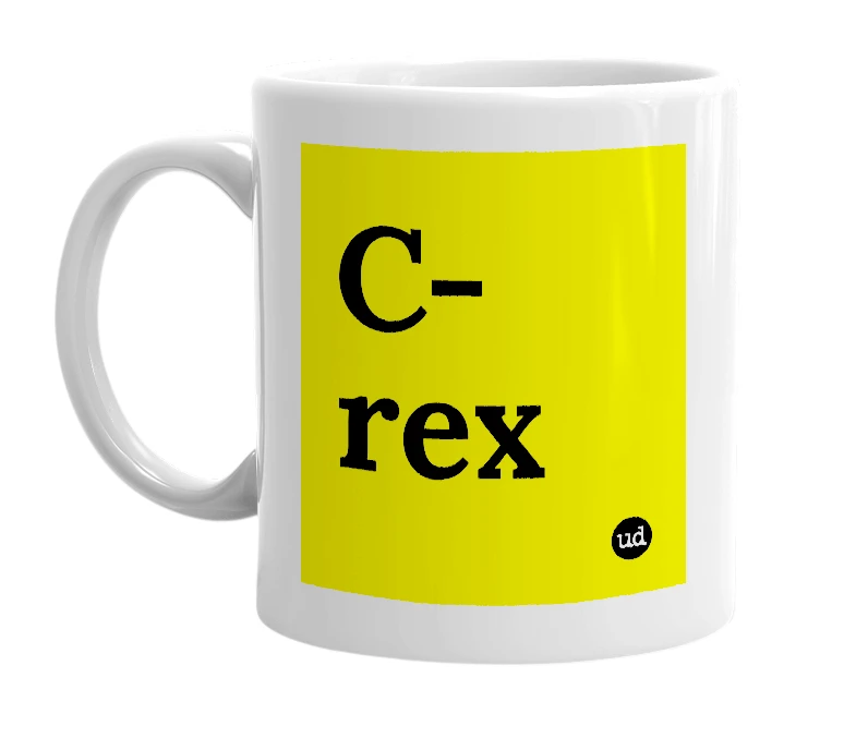 White mug with 'C-rex' in bold black letters