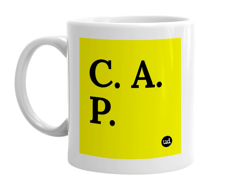 White mug with 'C. A. P.' in bold black letters