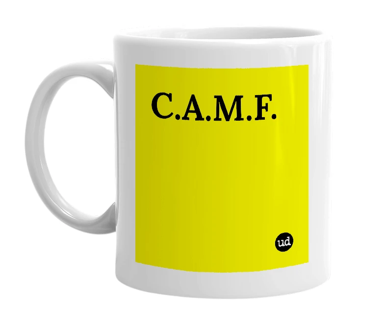 White mug with 'C.A.M.F.' in bold black letters