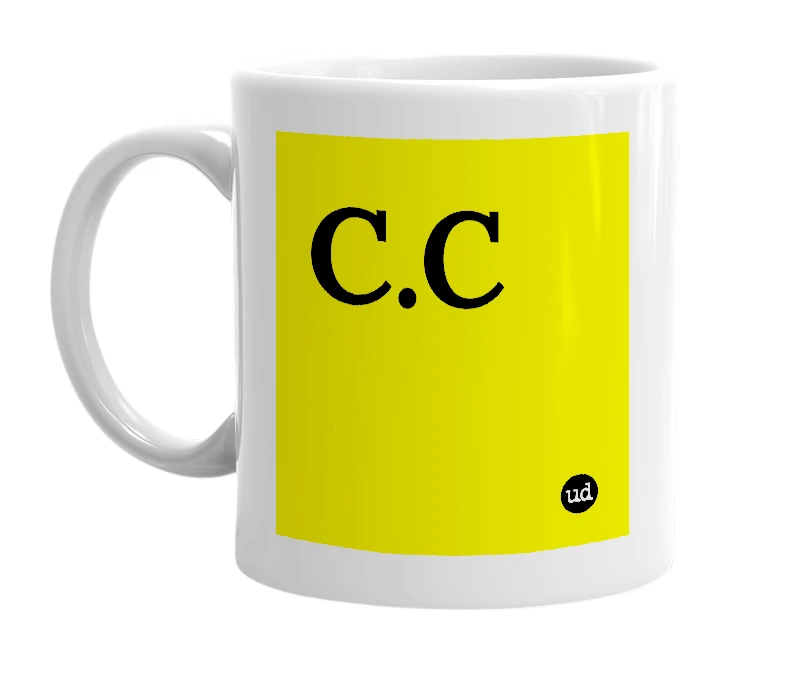 White mug with 'C.C' in bold black letters