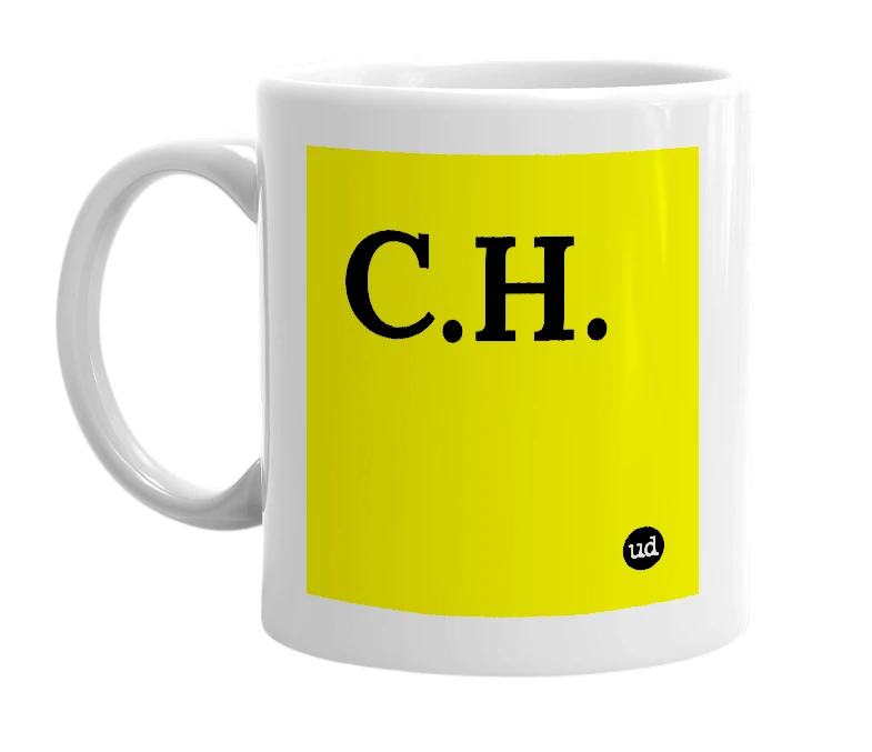 White mug with 'C.H.' in bold black letters